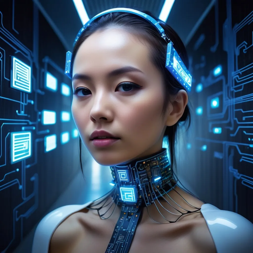 Prompt: a woman with a futuristic headpiece in a hallway with blue lights and a circuit board in the background, Ai-Mitsu, computer art, cybernetic, computer graphics