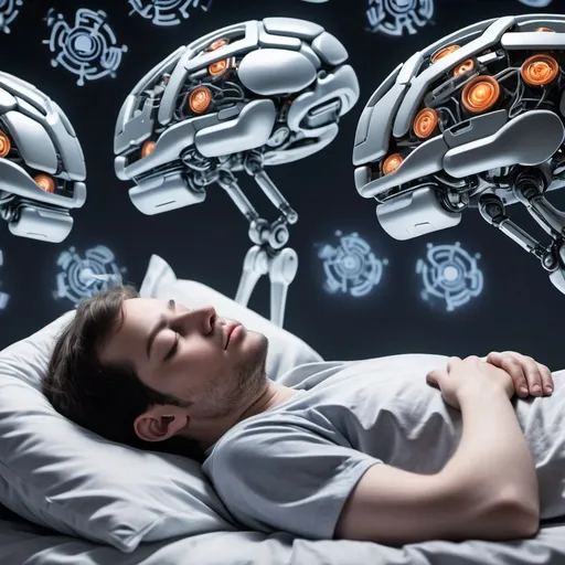 Prompt: a person sleeping in a robotic background and the brain is making them sleep because they are so tired