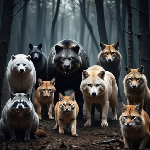 Prompt: diffrent Animals all in 1 picture Acting Strange With eyes watching from every direction with anger and revenge. scary scene in a late evening but not too dark forest