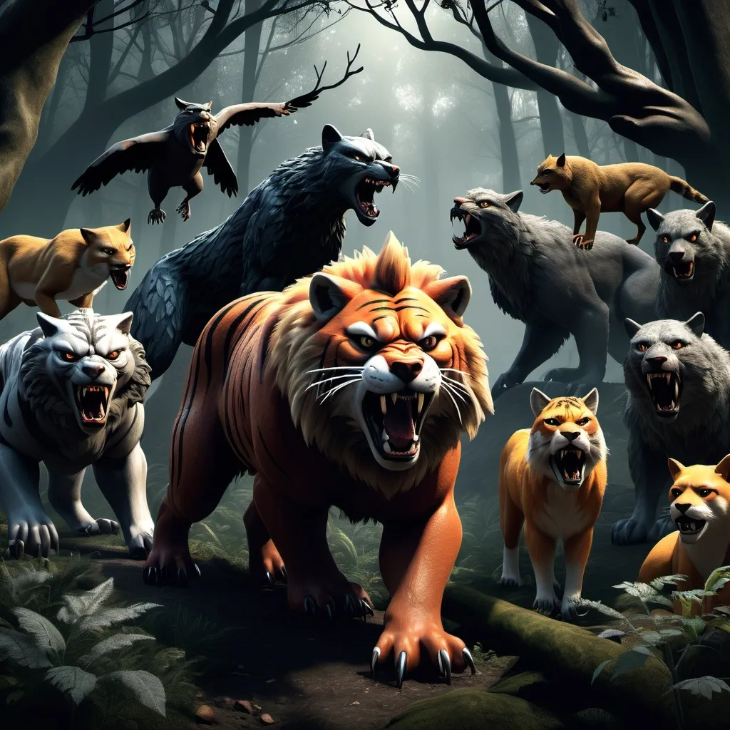 Prompt: (AI enhanced realism) over 10 animals, (strangely behaving) in a dense forest, (intense atmosphere) showcasing various angry, scary creatures including Big birds and small evil birds bear, wolf, and wildcat lion tiger bear squirells foxes, (dynamic poses) expressing aggression, (intricate details) blending shadows and light, (grim ambiance) in a dark, mysterious setting, (photorealistic), ultra-detailed, (high quality) with a hint of magical realism.