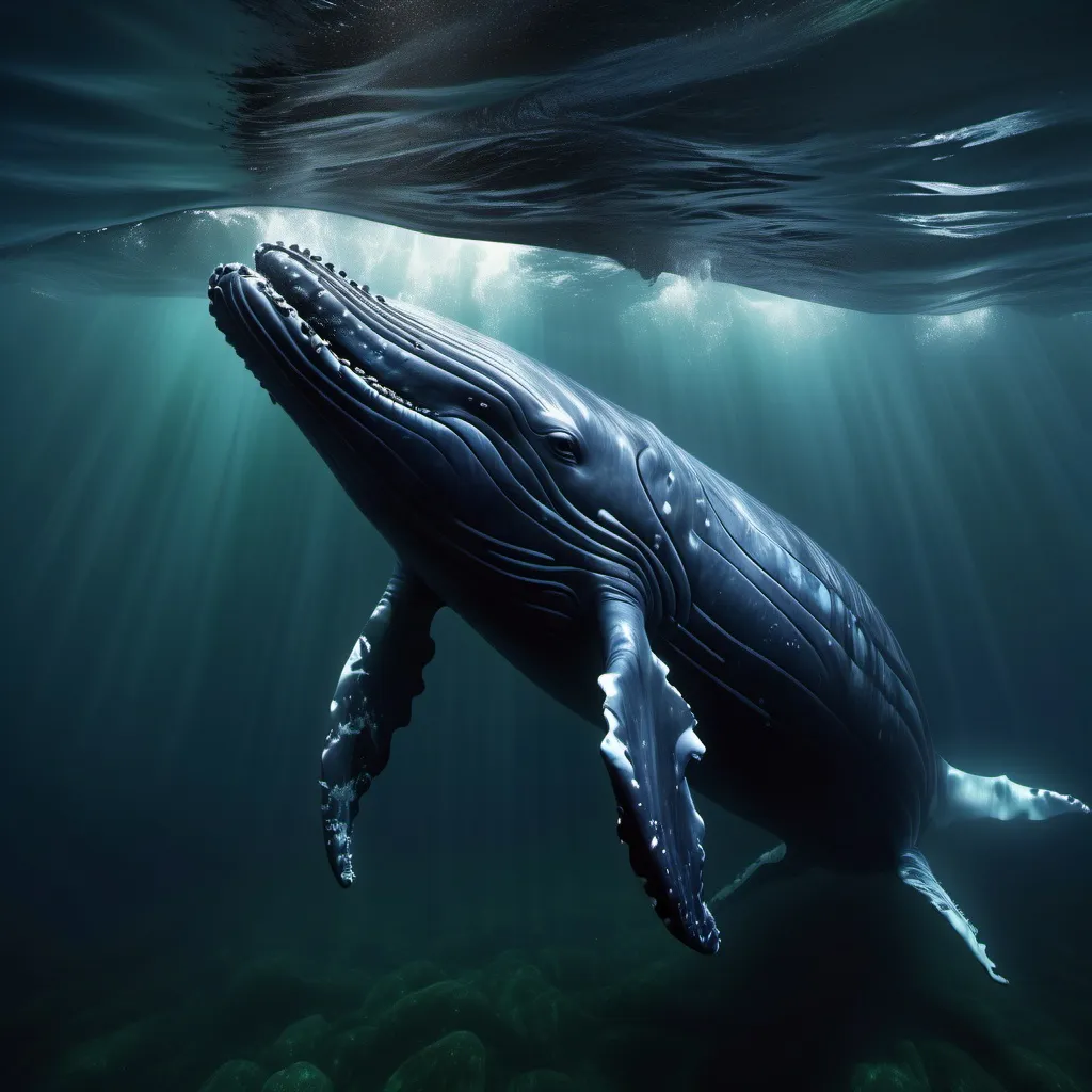 Prompt: (humpback whale displaying strange behavior), sinister and exaggerated expressions, chaotic ocean scene, dark and deep blues blending with murky greens, jagged waves lending to an unsettling atmosphere, dramatic lighting and shadows for depth, an eerie ambiance, ultra-detailed, 4K resolution, capturing the essence of an unnerving underwater world.