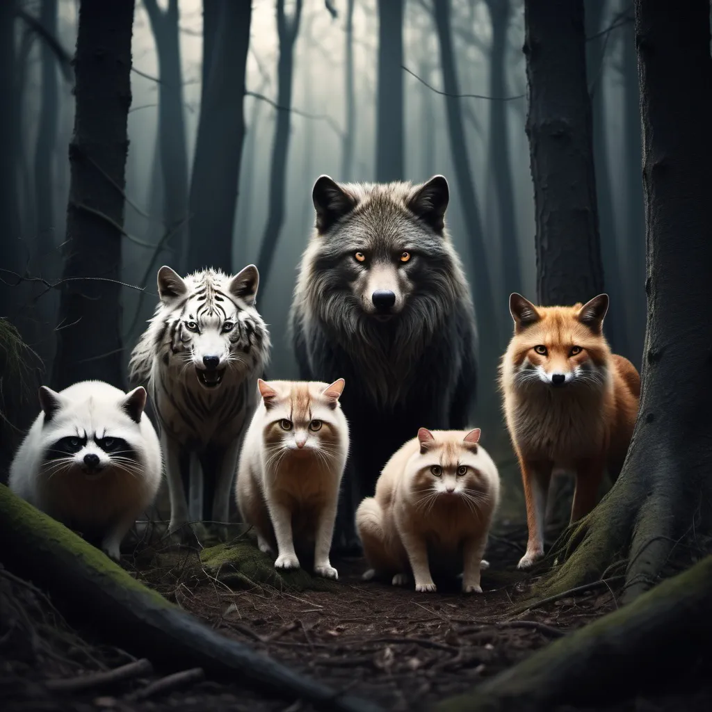 Prompt: diffrent Animals all in 1 picture Acting Strange With eyes watching from every direction with anger and revenge. scary scene in a late evening but not too dark forest