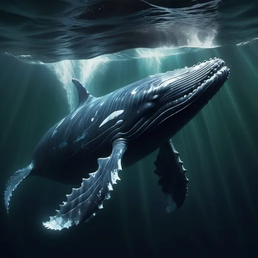 Prompt: (humpback whale displaying strange behavior), sinister and exaggerated expressions, chaotic ocean scene, dark and deep blues blending with murky greens, jagged waves lending to an unsettling atmosphere, dramatic lighting and shadows for depth, an eerie ambiance, ultra-detailed, 4K resolution, capturing the essence of an unnerving underwater world.