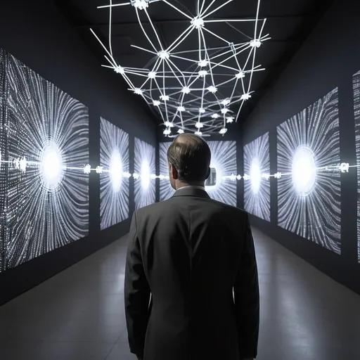 Prompt: a man in a suit looking at a wall of lights in a room with a ceiling of lights and a ceiling of lights, Art & Language, les automatistes, cybernetics, computer graphics