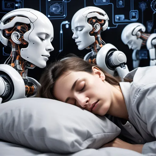 Prompt: a person sleeping in a robotic background and the brain is making them sleep because they are so tired