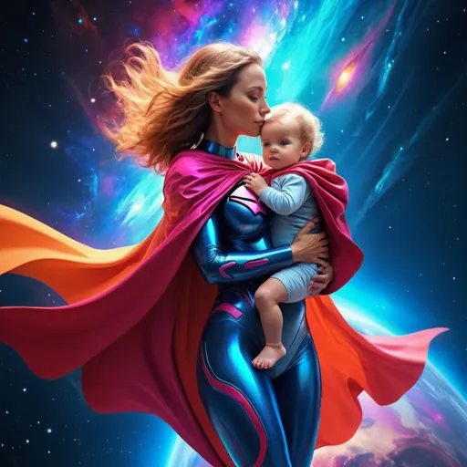 Prompt: Super mother in space, cosmic scene with vibrant colors, superhero cape billowing, futuristic space suit, loving and protective expression, 4k ultra-detailed, vibrant cosmic colors, sci-fi, superhero, futuristic, protective embrace, maternal love, cosmic background, dynamic lighting