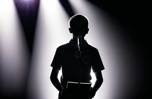 Prompt: Silhouetted spelling bee contestant at microphone, intense atmosphere, high contrast, dramatic backlighting, mystery, intense competition, silhouette, highres, dramatic lighting