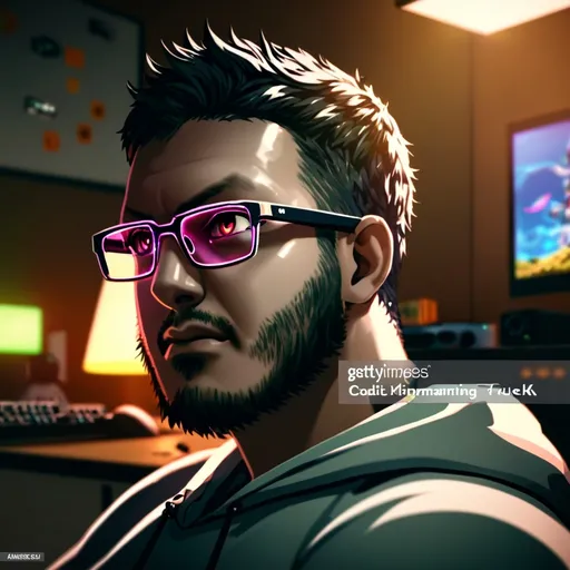 Prompt: Gamer, with beard, (focused expression), sitting at an illuminated gaming station, wearing a casual gaming hoodie and black, square frame glasses, cozy atmosphere, high-energy mood, (ultra-detailed), (4K), dynamic composition, immersive experience.