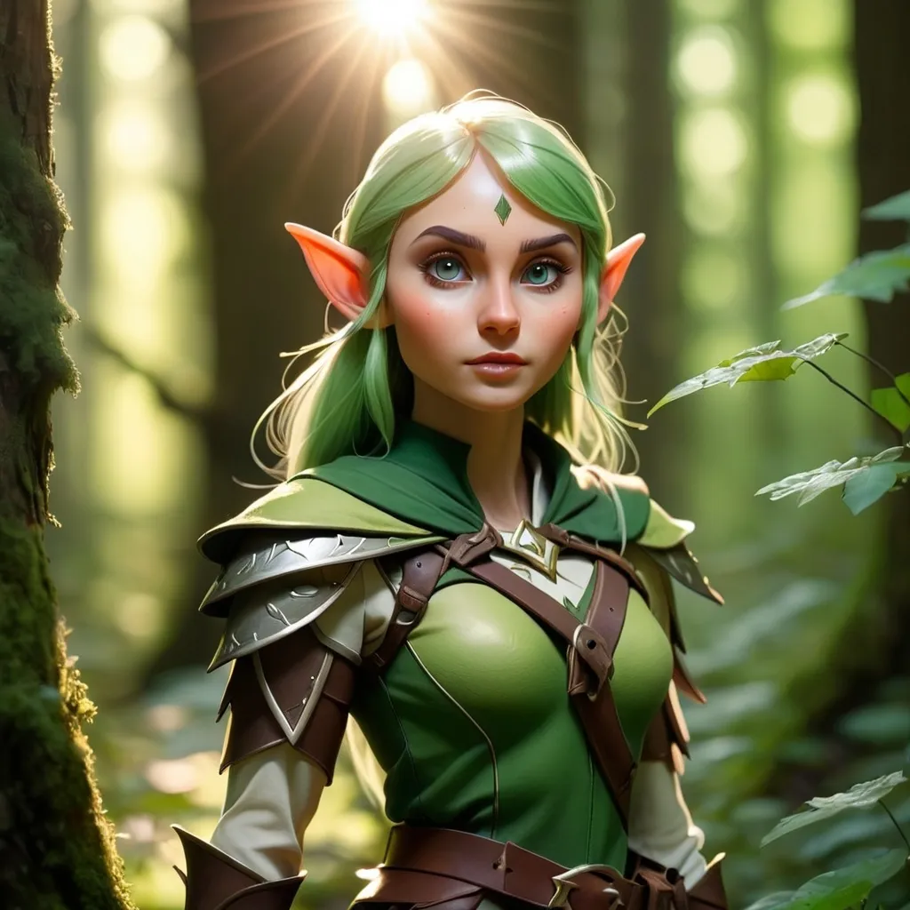 Prompt: Elf ranger in a mystical forest around sunlight