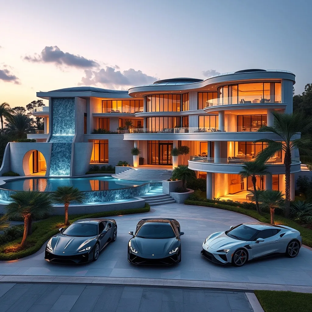 Prompt: elegant modern mansion, extravagant luxury, 500 million dollar house, stunning water features, soaring high ceilings, unique architectural details, fancy cars in front, sleek design, sophisticated ambiance, lush landscaping, twilight lighting, ultra-detailed, majestic views, opulent exterior elements, idyllic setting,  breathtaking elegance.   with multiple shapes that satisfy the eye