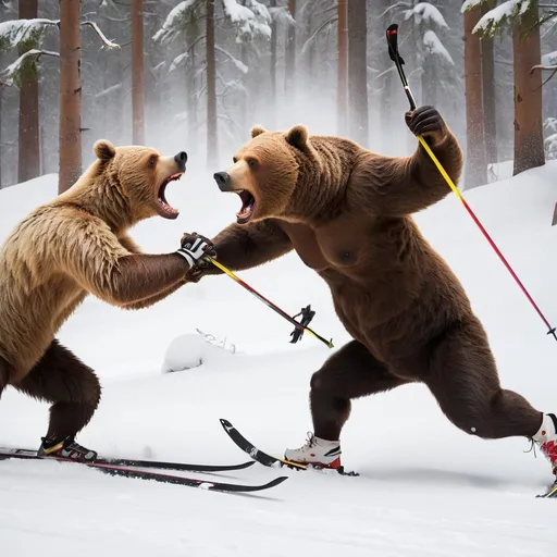 Prompt: A cross country skier fighting a ferocious bear.
