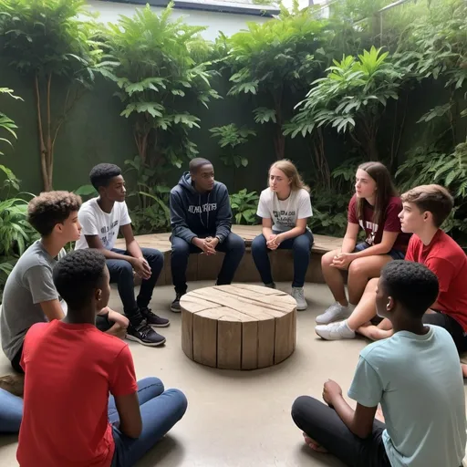 Prompt: A group of teenagers sitting in a circle, sharing their experiences and opinions in a safe and non-judgmental space. They are surrounded by calming elements, such as plants and a serene background, to create a sense of comfort and security. One teenager is speaking, while the others listen attentively, offering support and encouragement. The facilitator is present, guiding the discussion and providing guidance when needed. The atmosphere is relaxed, with a sense of camaraderie and mutual understanding. The teenagers are from diverse backgrounds, and their faces reflect a range of emotions, from determination to hope. ⁩ help me generate a pic