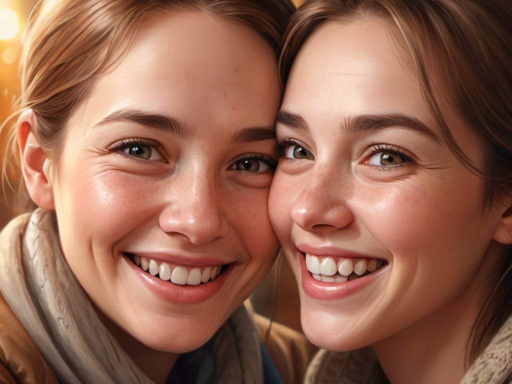 Prompt: Close-up digital illustration of a heartwarming moment, genuine smiles, warm and inviting atmosphere, high quality, digital painting, close proximity, heartwarming, genuine smiles, inviting, warm lighting, close-up, professional, wholesome, heartwarming, detailed facial expressions, uplifting