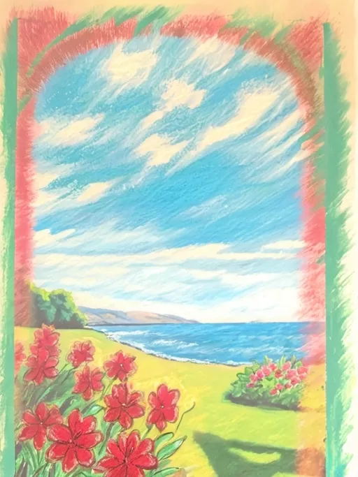 Prompt: (impressionist painting) of a window (framed by vibrant red flowers), panoramic view of majestic mountains and a serene lake in the distance, (David Hockney inspired), rich textures, bold colors, (gouache technique), dreamy and tranquil ambiance, impressionistic brushstrokes blending harmoniously, capturing the essence of nature's beauty, ultra-detailed, high-quality artwork, capturing light and atmosphere beautifully.