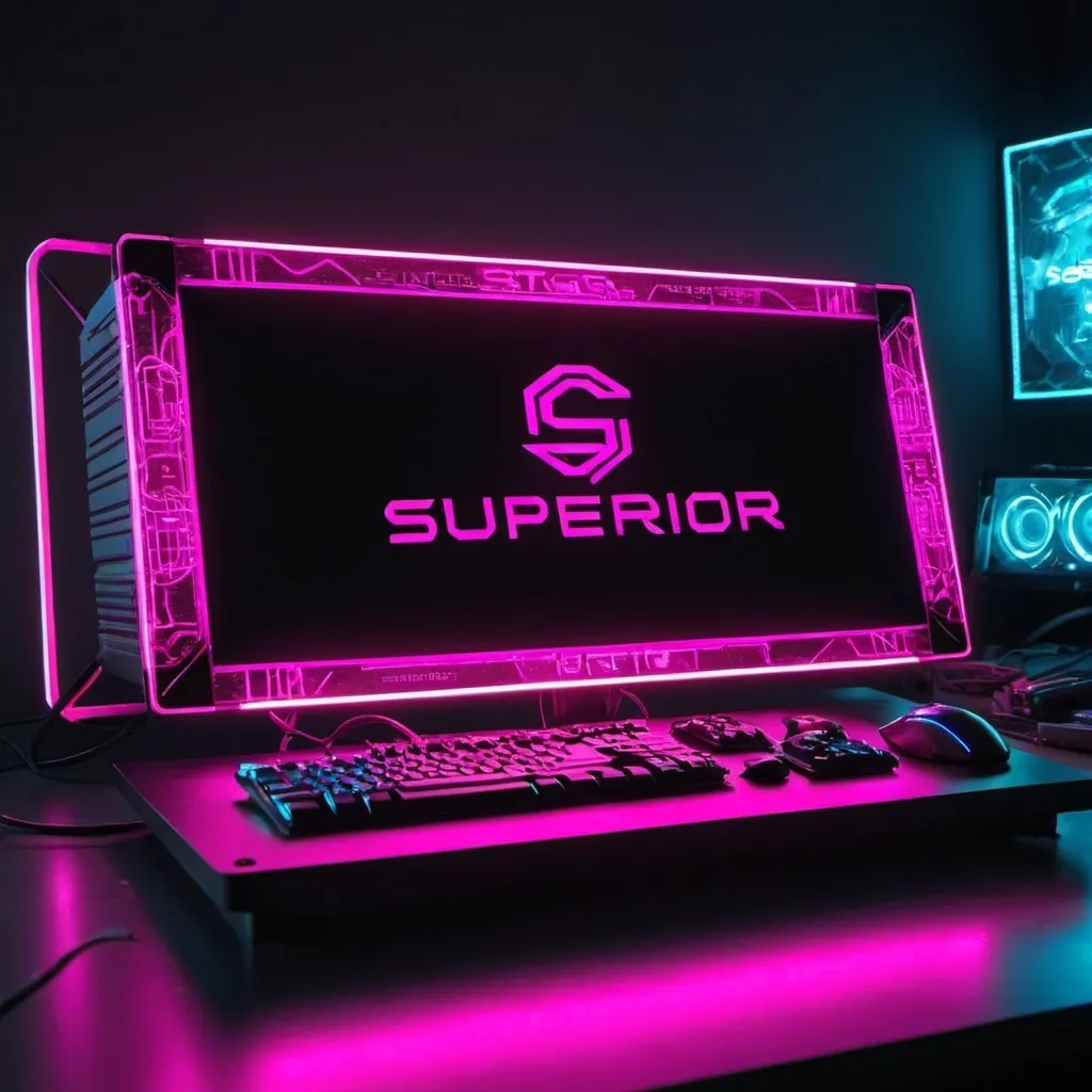 Prompt: a computer that's so futuristic and it has the words S.T.G (superior.tech.gaming) in neon pink