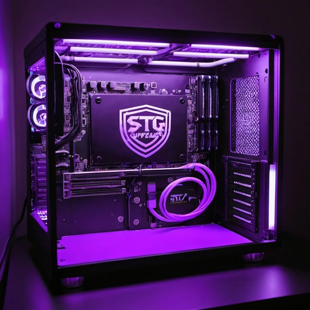 Prompt: a neon purple computer with a deadland background that says STG (superior tech gaming)
