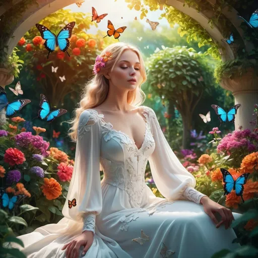 Prompt: a majestic woman in a garden with just a few butterflies, long sleeved pure white gown, resting peacefully, enjoying the serene atmosphere, surrounded by vibrant flowers and lush greenery, clear natural sky, fantasy style, vibrant color scheme, dramatic and high contrast lighting, whimsical and enchanted mood, detailed and ornately designed butterflies, ultra-detailed, cinematic, 4K.