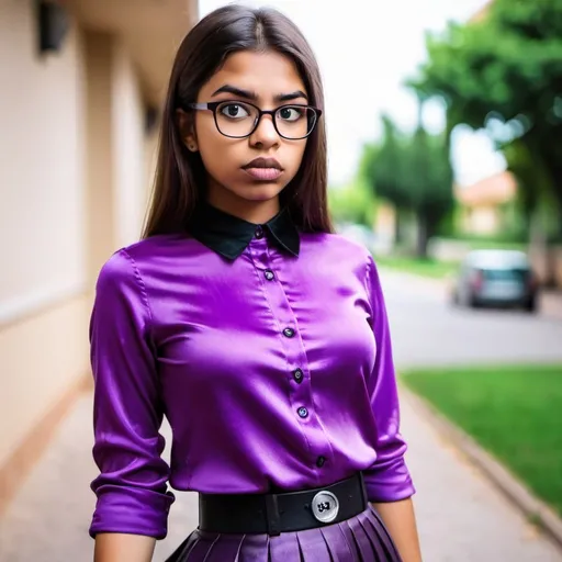 Prompt: A 20 years nerdy  girl having huge juicy lips wearing classic collar silk purple shirt that buttons all the way to front.with mini skirt 