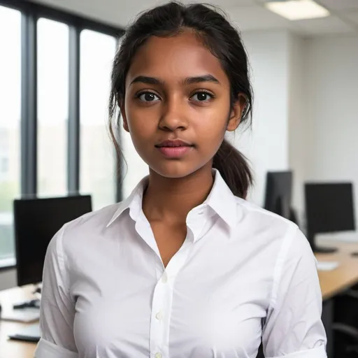 Prompt: A 20 years intermediate dark complexion girl wearing a Oxford style white shirt with bold collar standing in office 