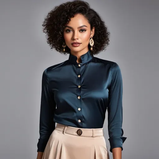Prompt:  A dark complexion women wearing a full BUTTONED UP tall neck high collar silk shirt.with locked frontband of shirt. with button closure skirt
