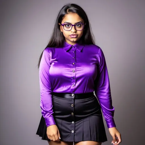 Prompt: A 20 years nerdy  girl having huge buxom wearing classic collar silk purple shirt that buttons all the way to front.with mini skirt 