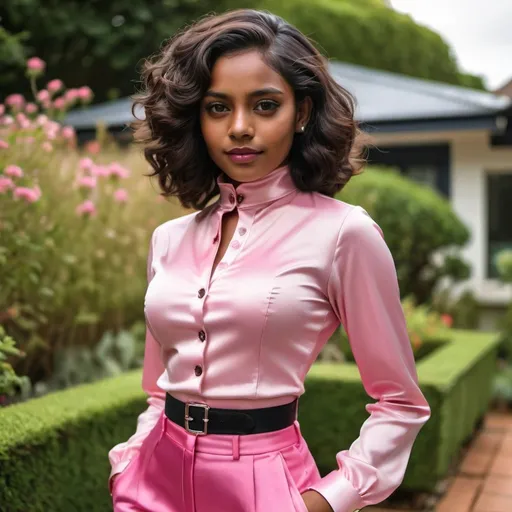 Prompt: A 28 year intermediate dark complexion girl wearing a classic fully locked high collared pink cropped satin. In front of garden.highly sophisticated 