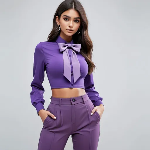 Prompt: A skinny girl having extra large silicone buxom wearing sophisticated purple cropped shirt that buttons all the way to front and bow tie and low waist pants.