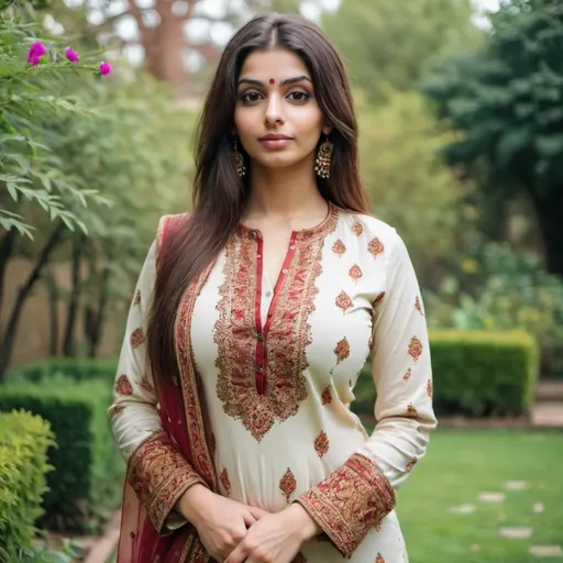 Prompt: Skinny girl with huge bouncy buxom wearing full buttoned closure Indian suit. Standing in garden 