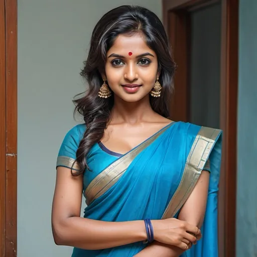 Prompt: A 30 years intermediate dark complexion women wearing blue saree. Very appealing, attractive .hair type long  bang.