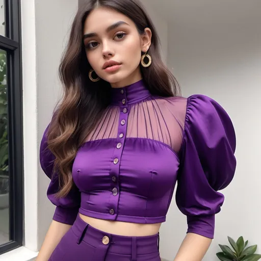 Prompt: A skinny girl having large fluffy lips and buxom wearing sophisticated purple cropped curtain collar shirt that buttons all the way to front  and low waist pants.