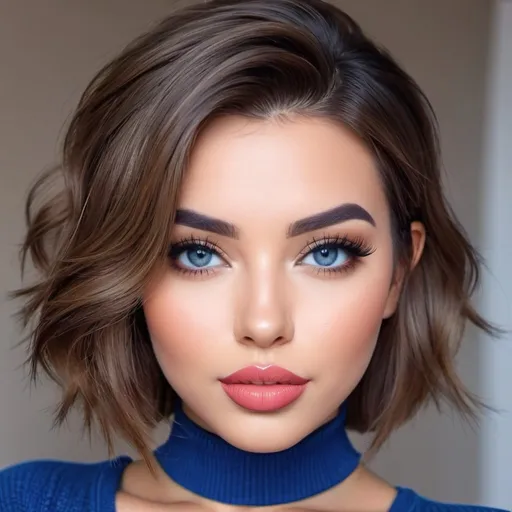 Prompt: A extremely cute girl with huge  bulky bouncy buxom with larger juicy lips .
 Hairstyle low bob,
Eyes are large and blue.
 Full size HD photo. High resolution 