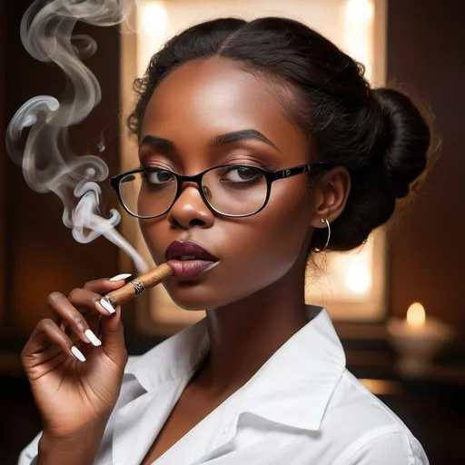 Prompt: A nerdy thot wearing wing collar white shirt that buttoned all the way to front with short.  smokin cigar by mouth 