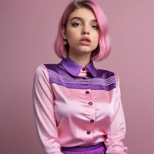 Prompt: A 20 years Extremely randy girl having huge juicy lips wearing classic collar silk pink with purple stripe shirt that buttons all the way to front.with mini skirt 