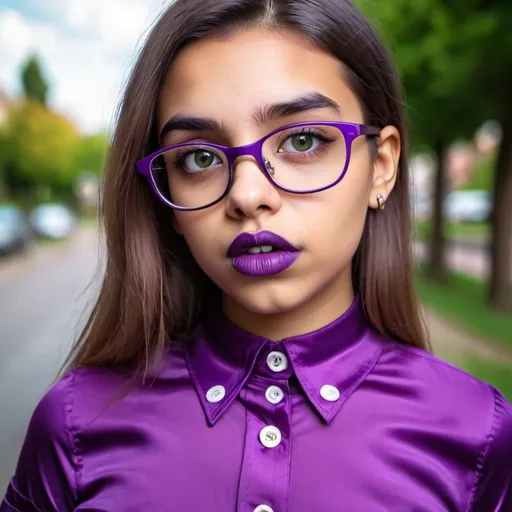 Prompt: A 20 years nerdy  girl having huge juicy lips wearing classic collar silk purple shirt that buttons all the way to front.with mini skirt 