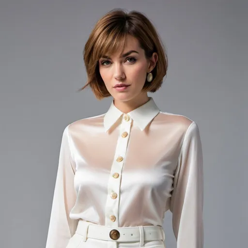 Prompt: A hybrid of cow and women wearing large collared straight white silk shirt that buttons all the way up the front. Large buttons
With white laggings button closure.
Haircut short bob cut