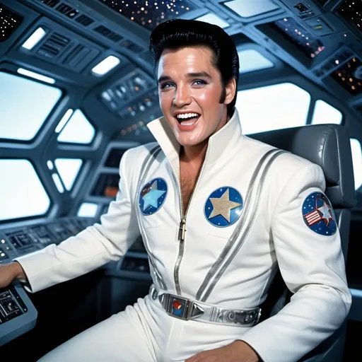 Prompt: laughing , blue-eyed rough Elvis Presley in futuristic white galactic  jumpsuit, in a large  cockpit area of a high-tech spaceship, with stardust nebula outside the cockpit bay window