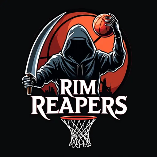 Prompt: Sports logo for basketball team called the “Rim Reapers”. It should have a basketball net and rim and a grim reaper