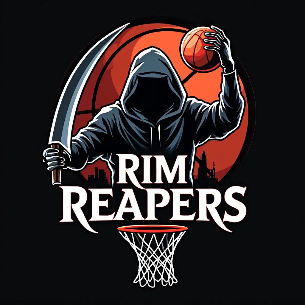 Prompt: Sports logo for basketball team called the “Rim Reapers”. It should have a basketball net and rim and a grim reaper