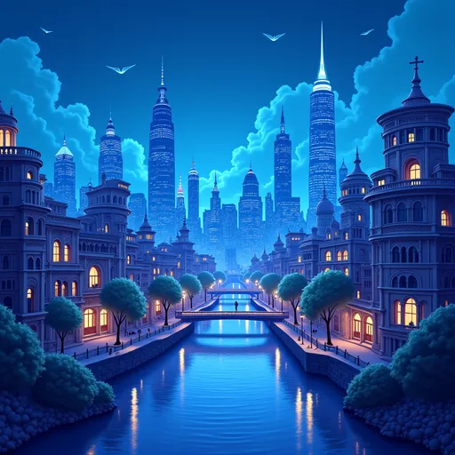 Prompt: a blue lit cartoon city scenery wallpaper