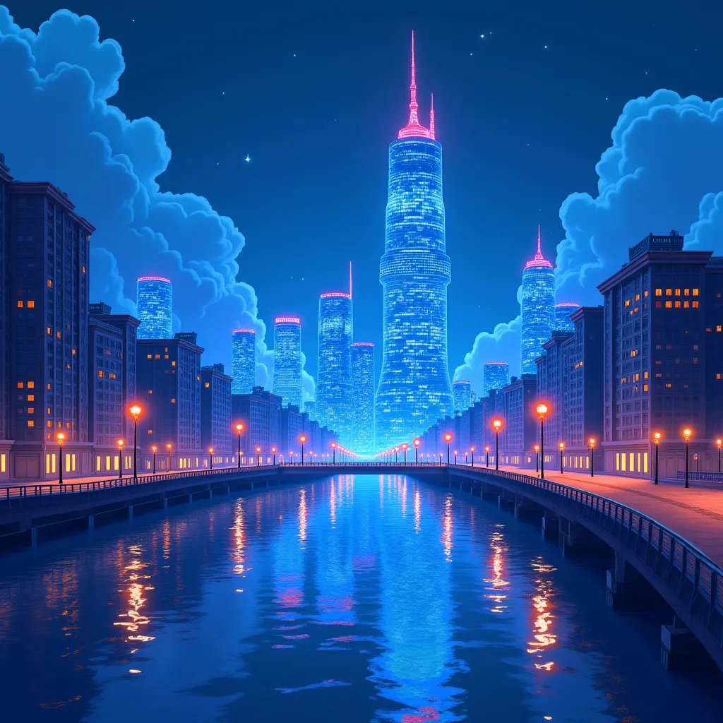 Prompt: a blue lit cartoon city scenery wallpaper 1820 x 1080