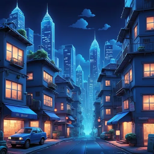 Prompt: a blue lit cartoon city scenery wallpaper