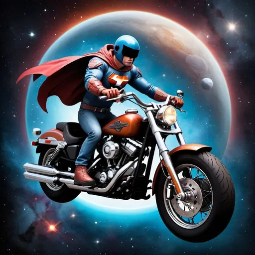 Prompt: create a superhero looking guy ridding a Harley Davidson in space 
