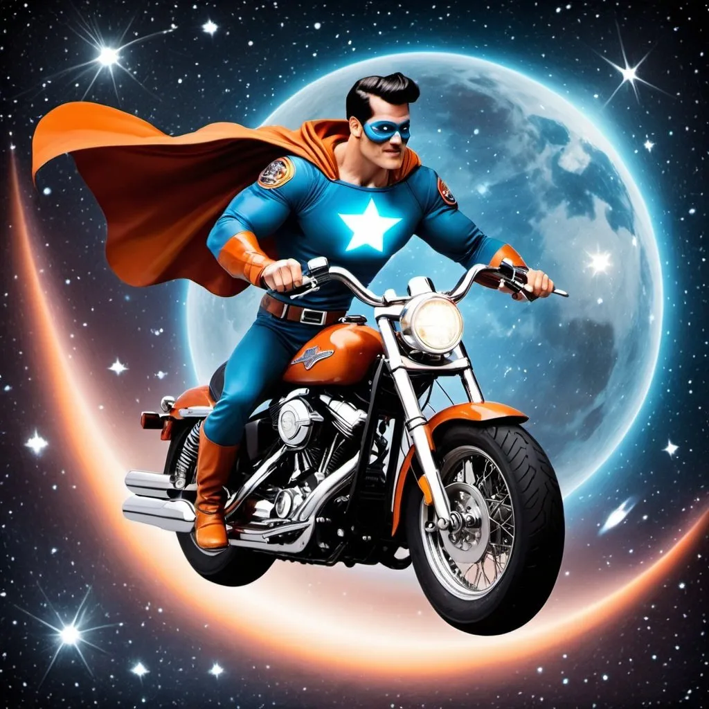 Prompt: create a customer service superhero man riding a Harley Davidson  in space