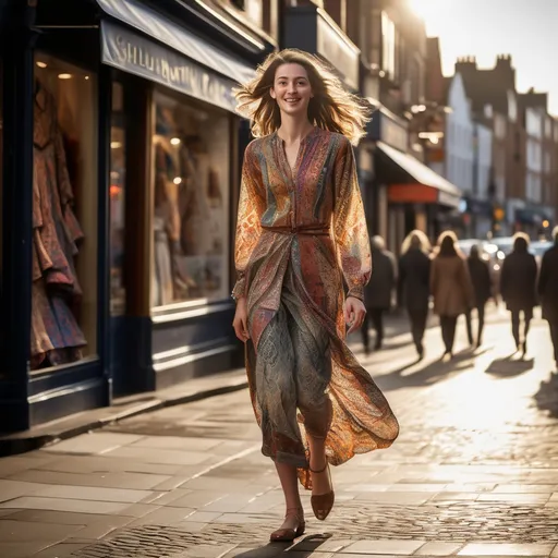 Prompt: A tall, young woman strides confidently down a bustling high street, her detailed clothing flowing with subtle elegance. The late afternoon sun casts warm, natural lighting that plays across her outfit, accentuating the intricate patterns and textures of her attire. Her expression is one of determination and joy as she navigates the lively atmosphere around her, where colorful shopfronts and scattered pedestrians blend into a vibrant urban tapestry. A gentle breeze rustles her hair and hints of distant laughter fill the air, enhancing the scene's inviting charm. This photorealistic portrayal captures not only her physical presence but also the energy and life of the street, inviting the viewer into this moment of urban adventure.