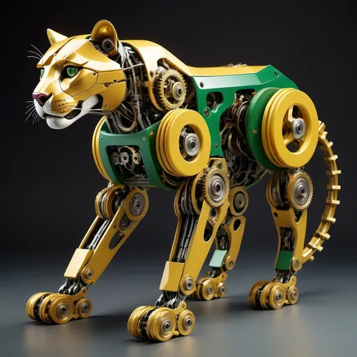 Prompt: a robot cougar, primary colors are green and gold, made from gears, in an attaching position