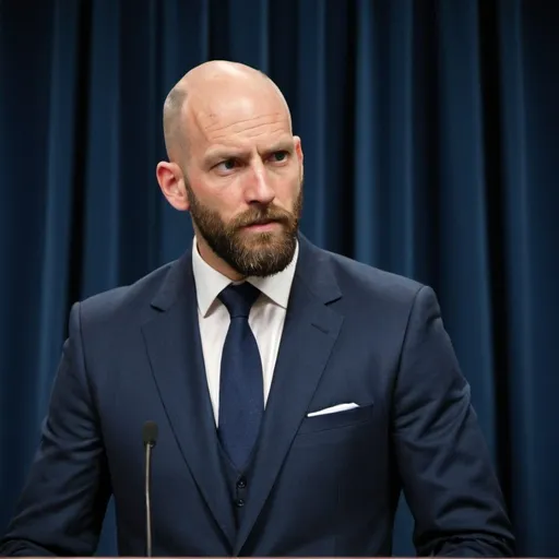 Prompt: A man, very tall bald with a beard and strong handsome, dressed in a navy blue suit at a press conference 