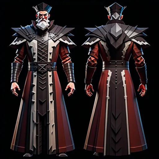 Prompt: <mymodel> A front and back view of a tall, imposing male exorcist character with a strong, muscular build. The front of the character is facing directly toward the camera at a 90-degree angle, while the back of the character is facing directly away at a 90-degree angle. The exorcist has a distinguished white beard, sharp angular facial features, and a stern expression. He wears a ceremonial, angular hat that matches the design of his robes. His piercing eyes are gray and convey a sense of authority and wisdom.

The exorcist is dressed in a long, flowing robe that is primarily deep red, with black and silver details. The robe has sharp, angular folds, giving it a structured, almost armor-like appearance. Black belts with silver buckles wrap around his waist, cinching the heavy fabric. The robe is embellished with subtle religious symbols like crosses on the sleeves and along the hem.

The back of the character reveals the robe’s elaborate design, with a prominent triangular-shaped collar and angular patterns cascading down the back. The exorcist stands tall, his powerful frame emphasized by the structured robe, exuding strength and authority. This image is a full-body view, showing only the front and back of the character, in widescreen format.