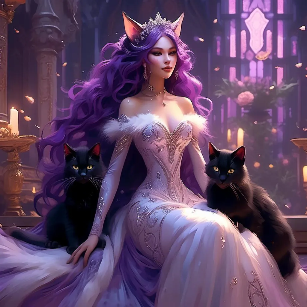 Prompt: <mymodel>(most important concept: human cat), (elegant princess), luxurious attire, long flowing purple hair, black fur accents, opulent gown, detailed costume design, graceful poses, enchanting ambiance, mystical background with soft purples and whites, dreamy and whimsical atmosphere, warm ethereal lighting, ultra-detailed, high-quality изображение, perfect for a fantasy illustration.