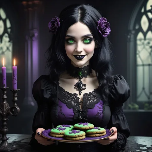 Prompt: (gothic woman), sharing a cookie, (black hair), (green eyes), (cheerful grin), dark and moody atmosphere, rich textures, soft lighting casting shadows, intricate Gothic attire, subtle hints of elegance, decadent cookies on a decorative plate, background featuring vintage Gothic elements, (4K ultra-detailed), harmonious color scheme of deep purples and blacks avec splashes of warmth.