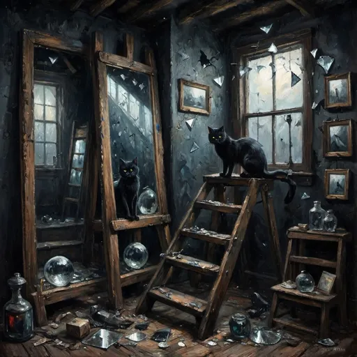 Prompt: (mysteious theme), mirrors reflecting strange angles, broken glass shards sparkling, an old wooden ladder leading upwards, a black cat gracefully perched on a step, dark and enchanting atmosphere, creepy shadows looming, rich dark tones with contrasting eerie lighting, (superstitious vibe), ultra-detailed, rich textures, captivating surrealism, cinematic quality, dramatic contrasts.